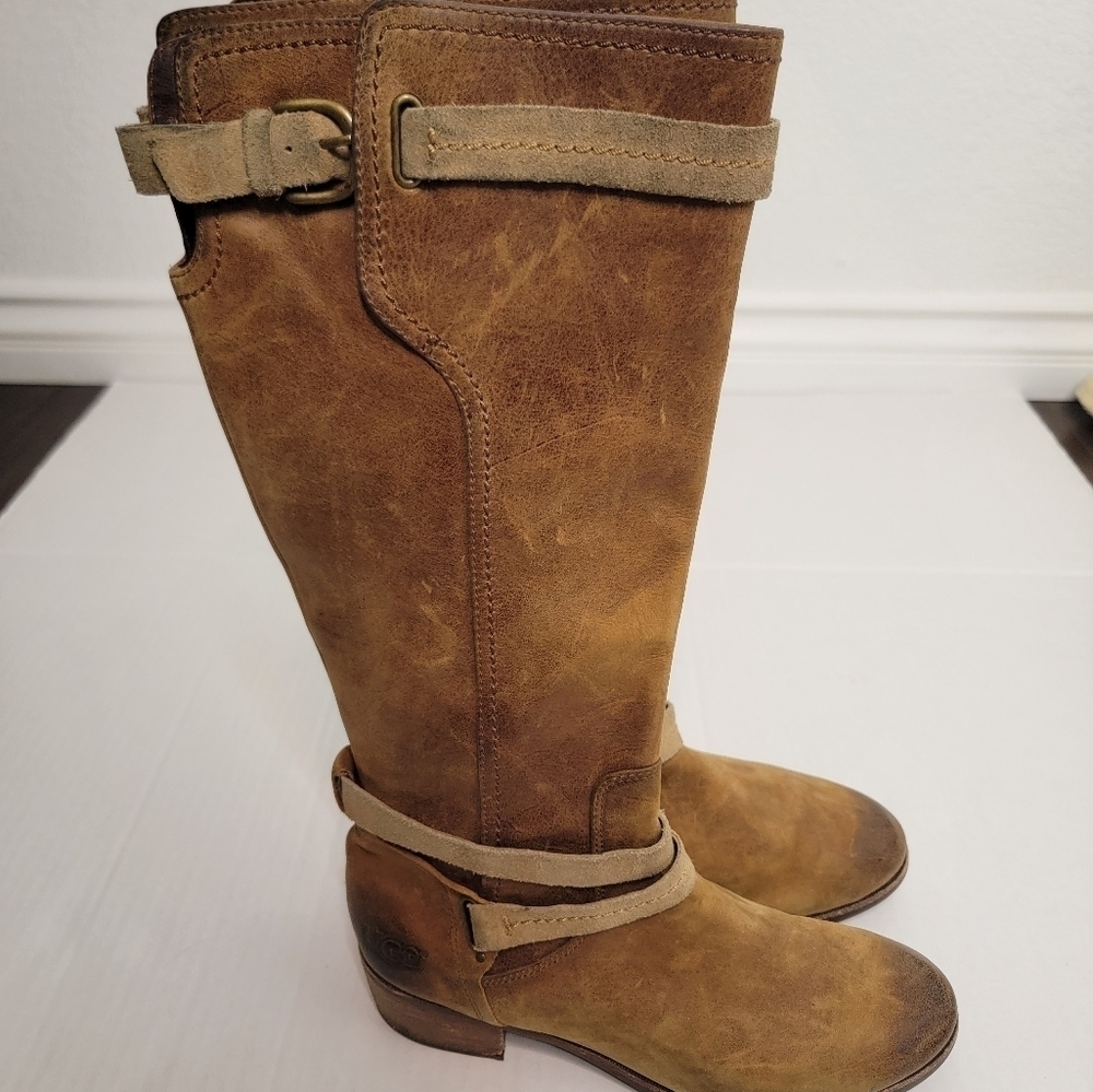 Ugg Darcie Ridding Boots 9.5 Leather Brown Distressed Tall Side Zip 1004172